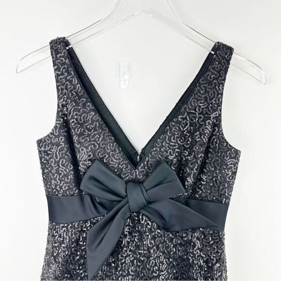 Carmen Marc Valvo Black Sequin Silk Cocktail Party‎ Dress Black Satin Bow Sz 6 - Picture 3 of 16